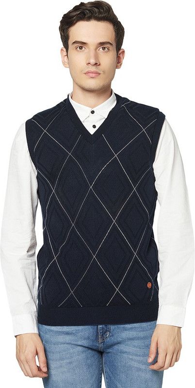 Men Checkered V Neck Reversible Dark Blue Sweater