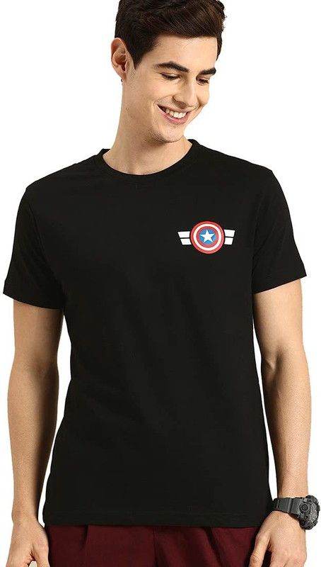 Men's Cotton Captain America Printed Badge (AVL) Captain America Half Sleeves Men Graphic Print Round Neck Cotton Blend Black T-Shirt
