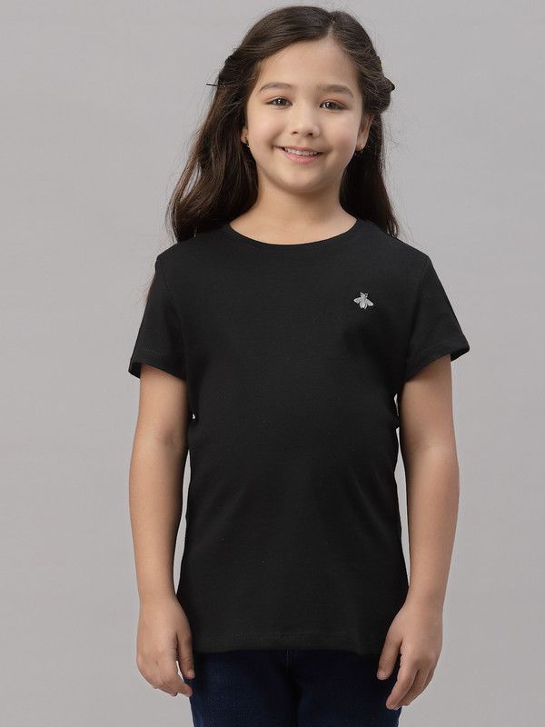 Girls Solid Pure Cotton T Shirt  (Black, Pack of 1)