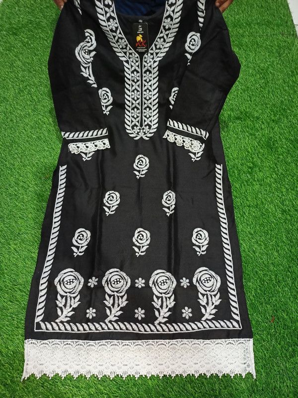 Girls Embroidered Kurta  (Black)