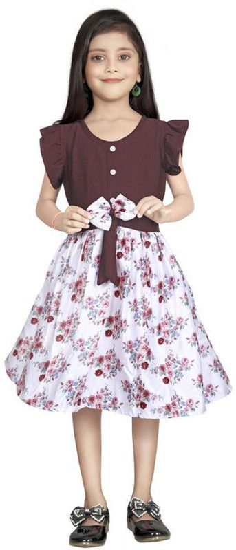 Girls Below Knee Casual Dress  (Brown, Short Sleeve)