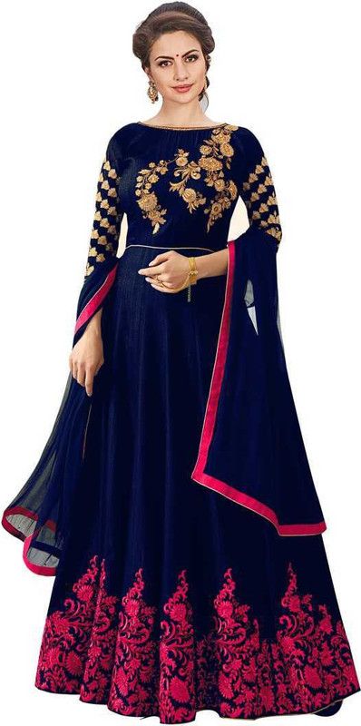 Satin, Silk Blend Semi Stitched Anarkali Gown  (Dark Blue, Pink)