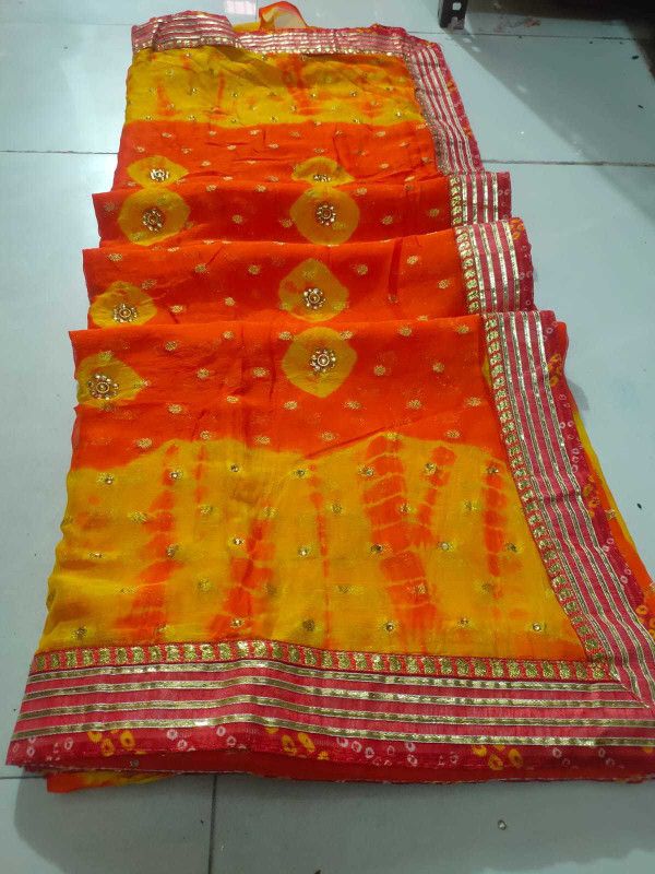 Digital Print Bandhani Chiffon Saree  (Orange)