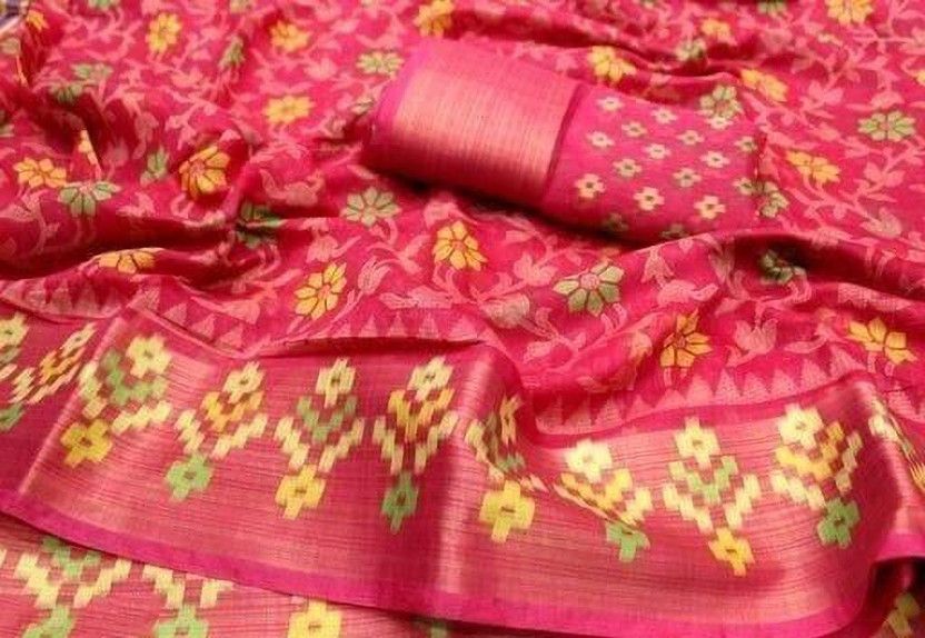 Floral Print Bollywood Cotton Blend Saree  (Pink)