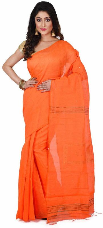 Embroidered Handloom Cotton Silk Saree  (Orange)