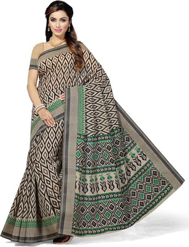 Printed Jamdani Cotton Blend Saree  (Black, Beige)