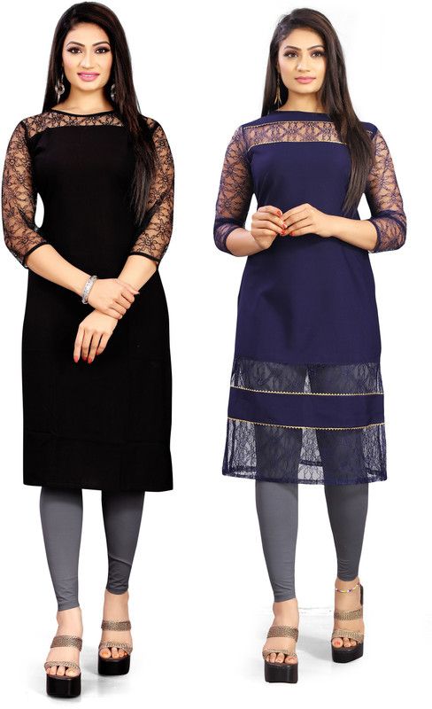 Pack of 2 Women Self Design Crepe A-line Kurta  (Blue, Black)