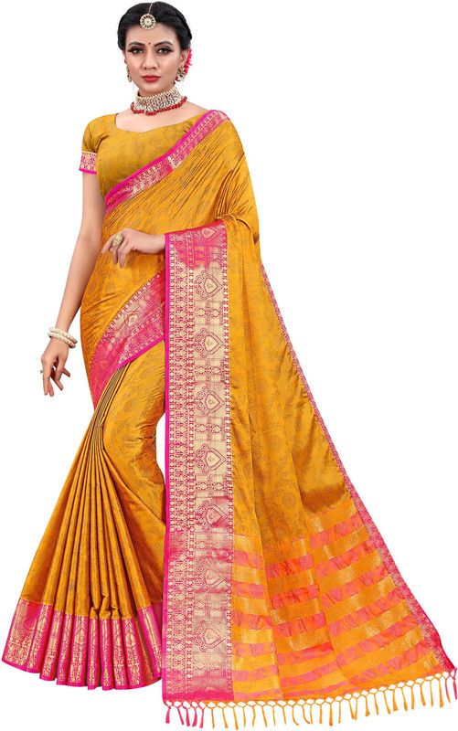 Woven Fashion Cotton Silk Saree  (Yellow)