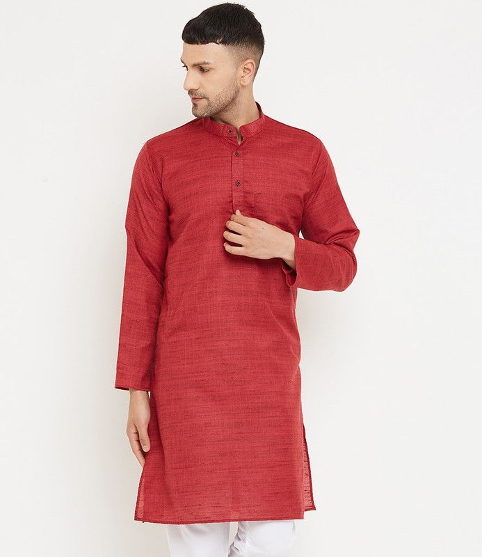 Men Self Design Khadi Cotton Straight Kurta  (Maroon)