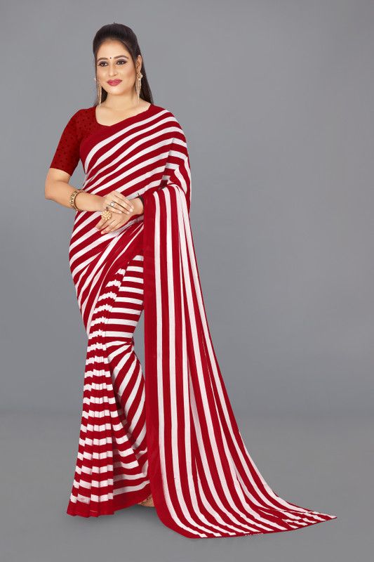 Striped, Printed Daily Wear Georgette Saree  (Red, White)