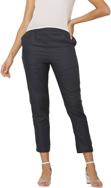 Women Slim Fit Grey Pure Cotton Trousers