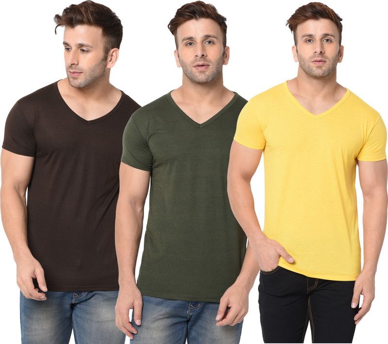 Pack of 3 V_Neck Solid T_Shirt For Regular Use Men Solid V Neck Cotton Blend Dark Green, Brown, Yellow T-Shirt