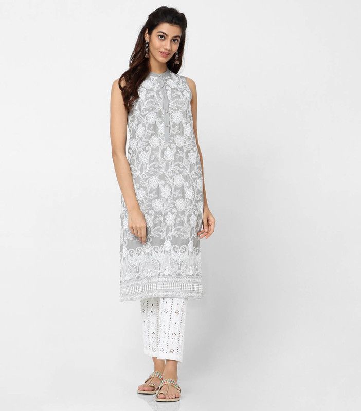 Women Chikan Embroidery Viscose Rayon A-line Kurta  (Grey)