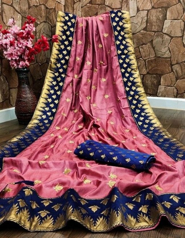 Embroidered Bollywood Silk Blend Saree  (Dark Blue, Pink)
