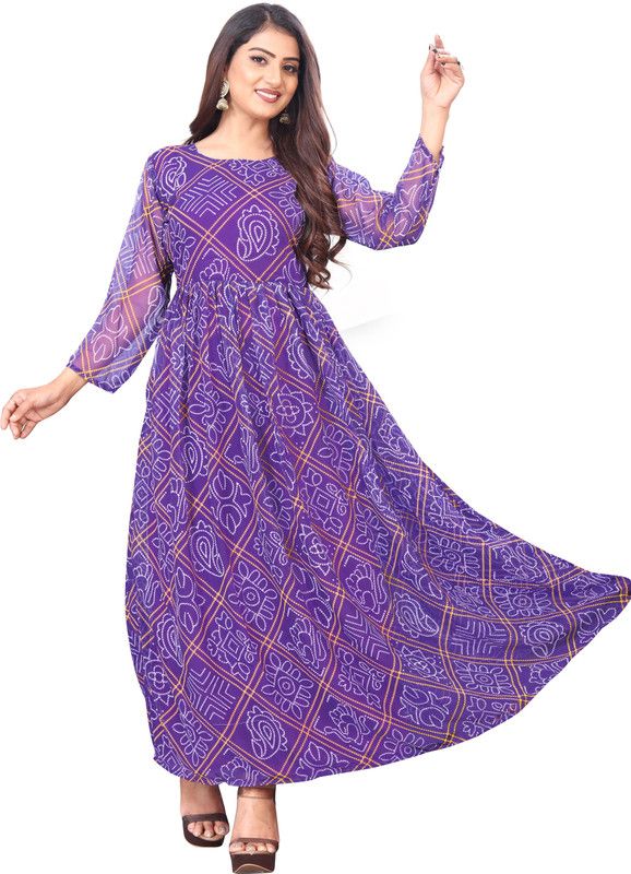 Women Printed Georgette Gown Kurta  (Purple, White, Gold)