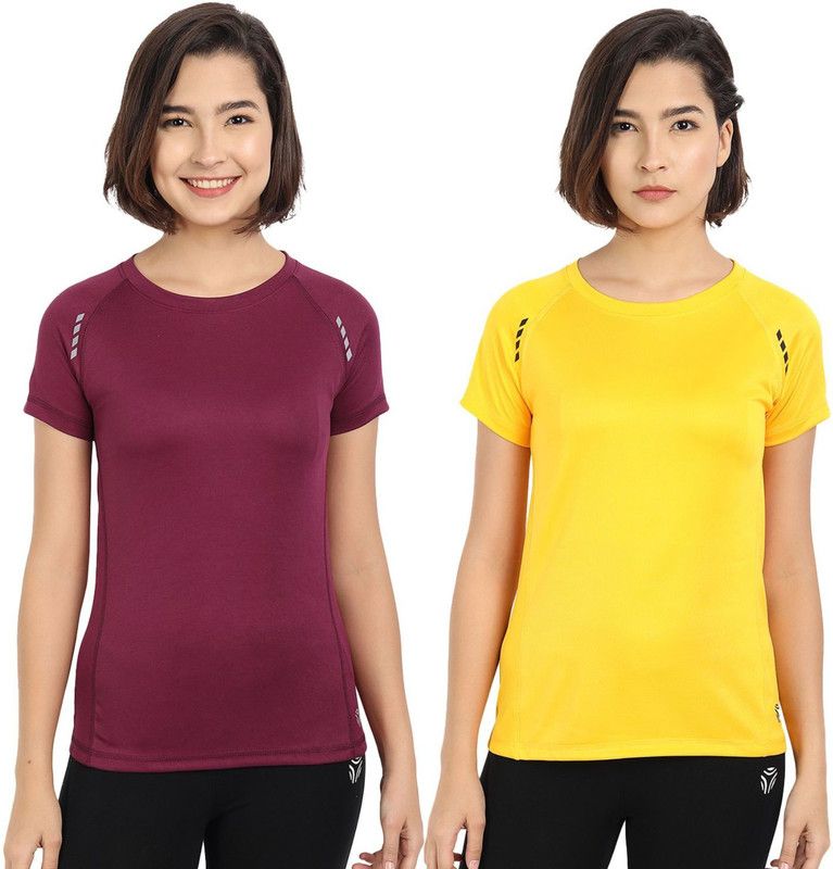 Pack of 2 Women Solid Round Neck Polyester Maroon, Yellow T-Shirt