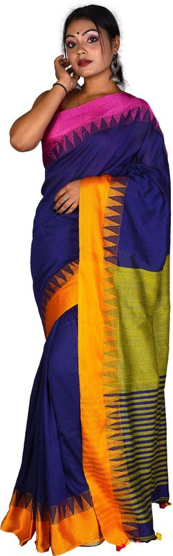 Temple Border, Solid/Plain Jamdani Pure Cotton Saree  (Blue, Yellow)