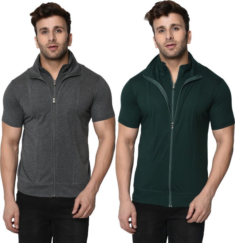 Pack of 2 Double Collar Zipper Party Wear T-shirt Men Self Design, Solid High Neck Cotton Blend Dark Green, Grey T-Shirt