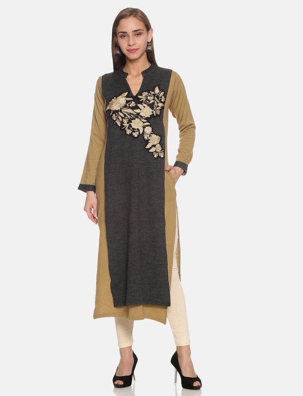 Women Applique Wool Straight Kurta  (Black, Light Green)