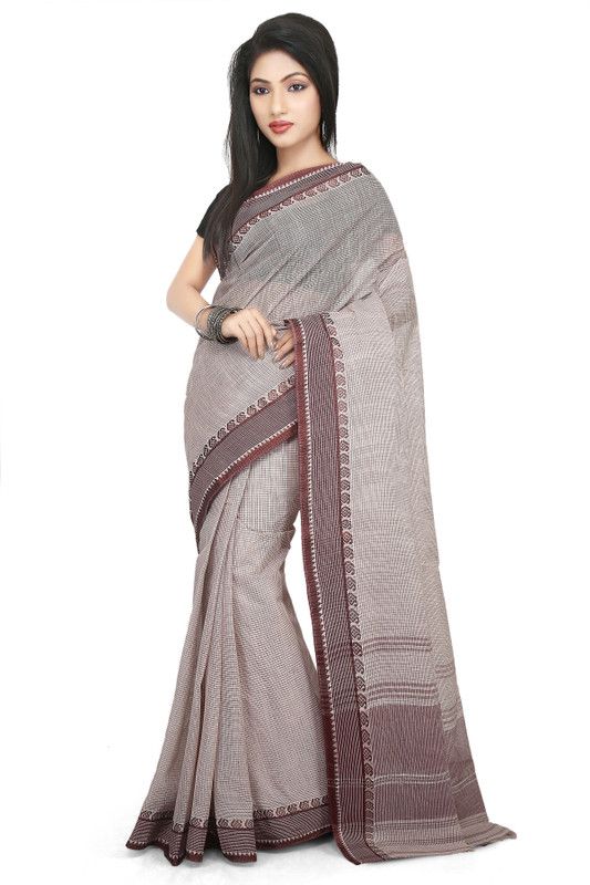 Self Design, Woven, Checkered, Solid/Plain Daily Wear Pure Cotton Saree  (White, Grey)