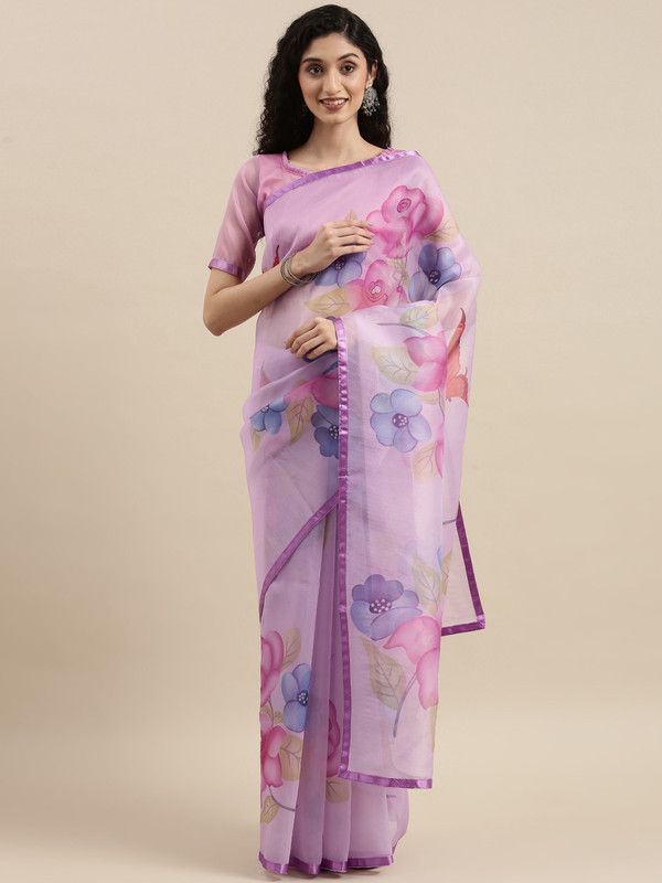 Printed, Digital Print, Floral Print Bollywood Organza Saree  (Purple)