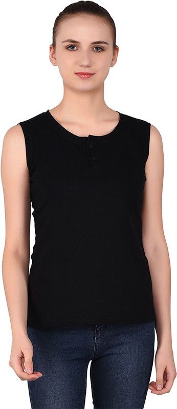 Women Self Design Henley Neck Pure Cotton Black T-Shirt