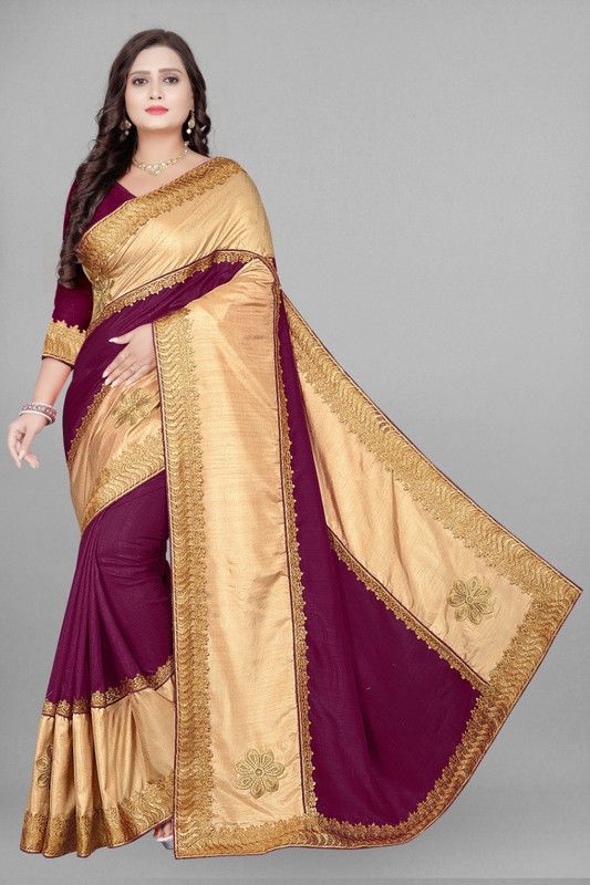 Embroidered Daily Wear Art Silk Saree  (Purple, Beige)
