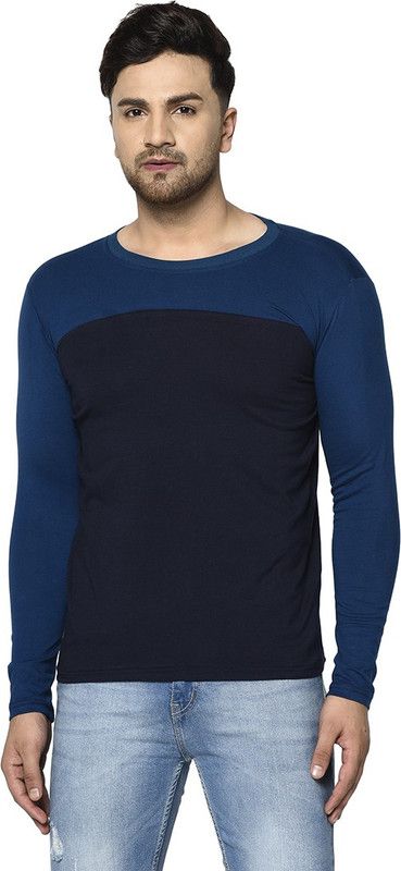 Freque Peacock And Navy Blue Full Sleeve t-shirt Men Solid Round Neck Cotton Blend Dark Blue, Light Blue T-Shirt