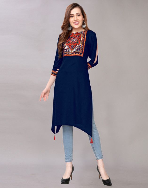 Women Printed, Geometric Print Cotton Rayon Straight Kurta  (Blue)