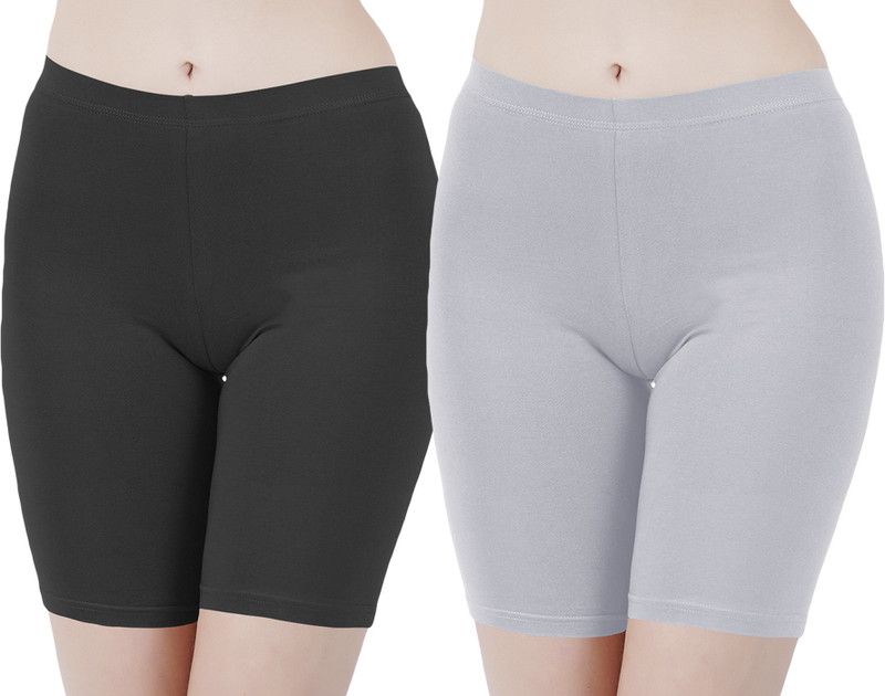 Pack of 2 Solid Women Black, Grey Cycling Shorts