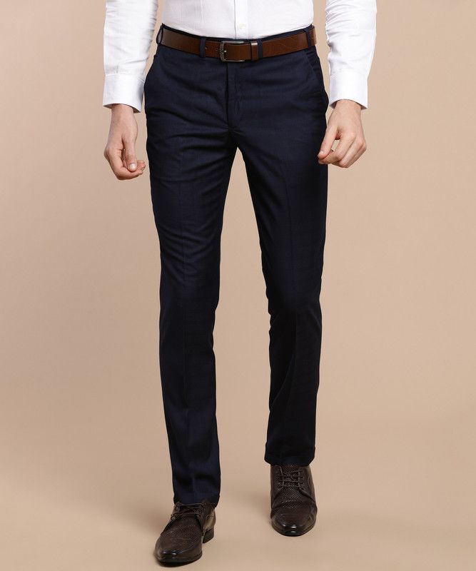 Men Slim Fit Dark Blue Crepe Trousers