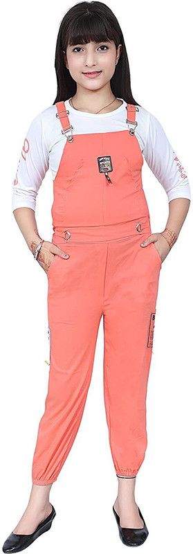 Dungaree For Girls Party Self Design Cotton Lycra Blend  (Orange, Pack of 1)