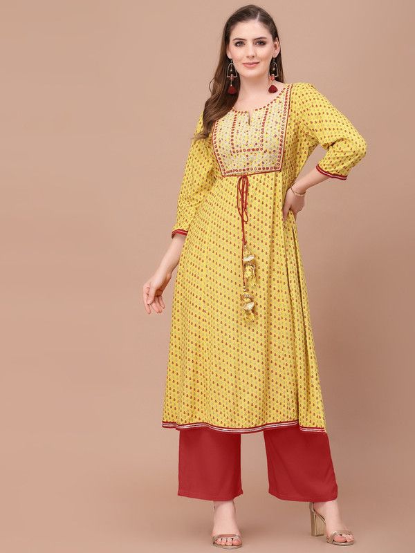 Women Embellished Viscose Rayon Flared Kurta  (Yellow)