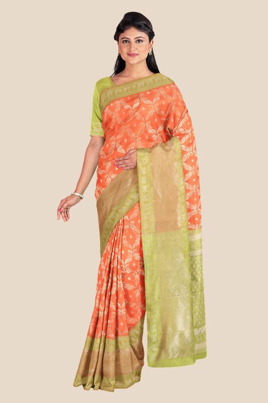 Printed Dharmavaram Silk Blend Saree  (Orange)