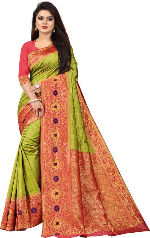 Printed Dharmavaram Jacquard Saree  (Light Green)