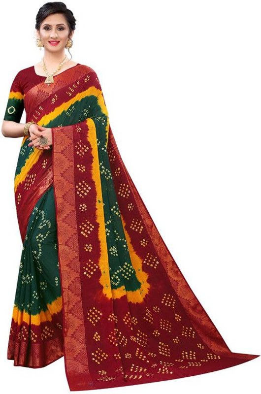Self Design Bandhani Cotton Blend, Art Silk Saree  (Dark Green)