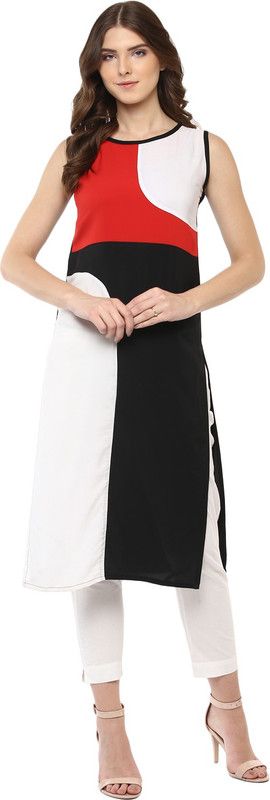 Women Colorblock Crepe Straight Kurta  (Red, White, Black)