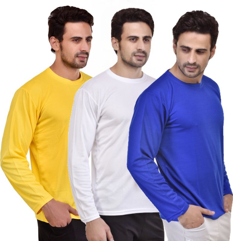 Pack of 3 Men Solid Round Neck Polyester White, Blue, Yellow T-Shirt