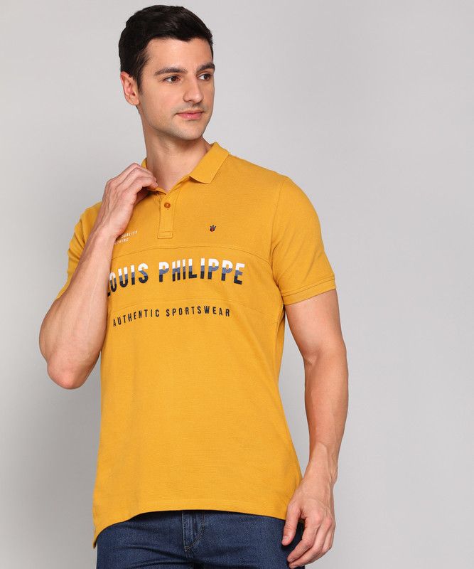 HOLIDAY Men Embroidered Polo Neck Pure Cotton Yellow T-Shirt