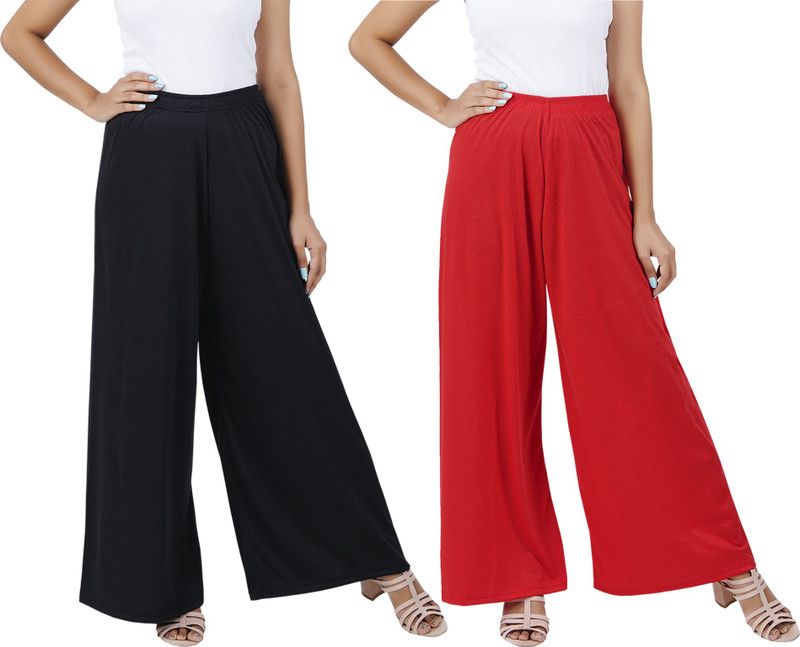 Pack of 2 Women Flared Black, Red Cotton Blend Trousers