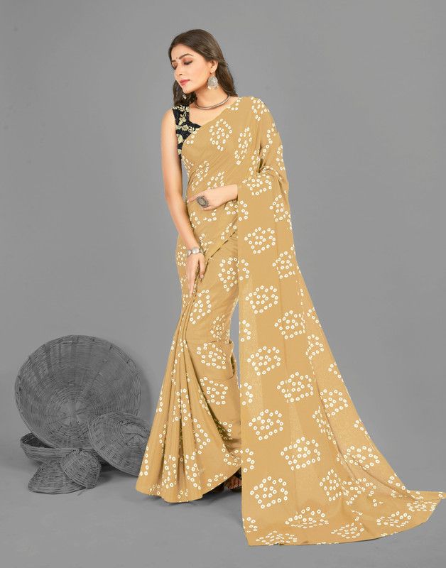 Printed, Geometric Print Bandhani Silk Blend Saree  (Beige)