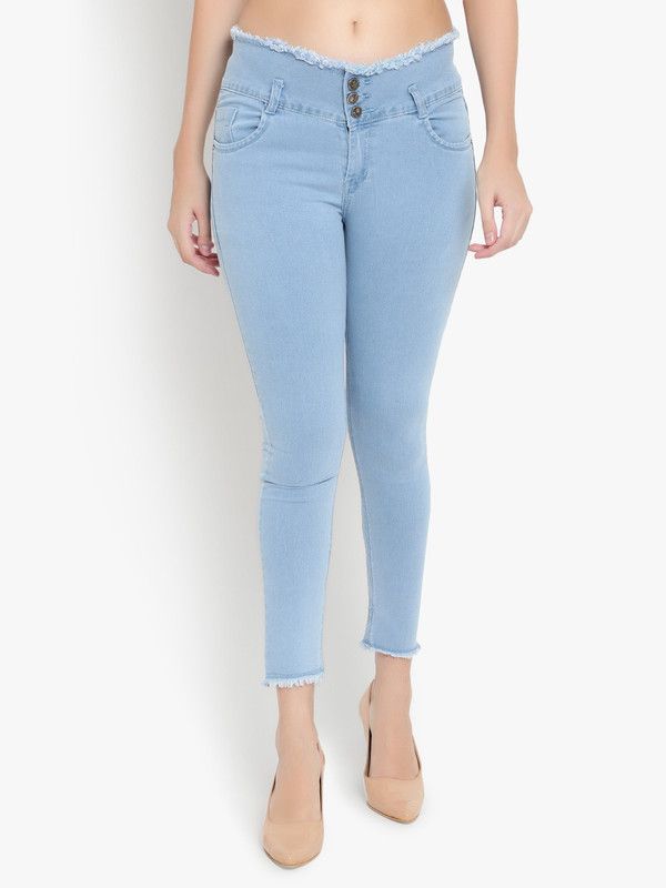 3 Button Frey Hem Stretchable Ankle Length High Waist Slim Women Light Blue Jeans