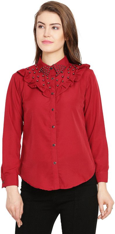 Casual Regular Sleeves Embellished, Solid Women Maroon Top