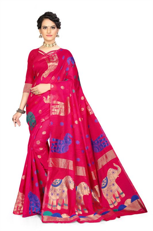 Animal Print Mysore Pure Cotton Saree  (Pink)