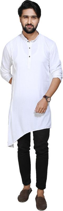 Men Self Design Cotton Blend Flared Kurta  (White)