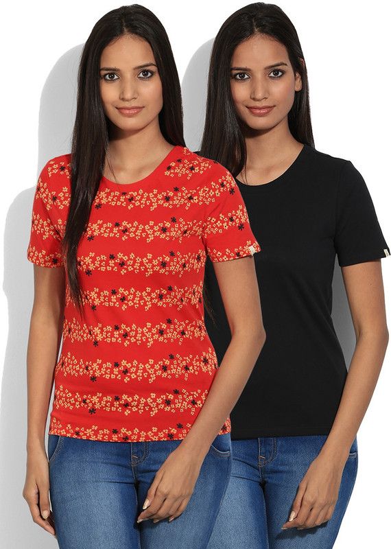 Pack of 2 Casual Regular Sleeves Printed, Solid Women Red, Black Top
