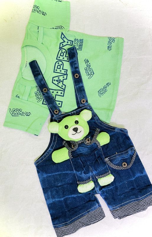 Dungaree For Baby Boys & Baby Girls Animal Print Denim Blend  (Green, Pack of 1)