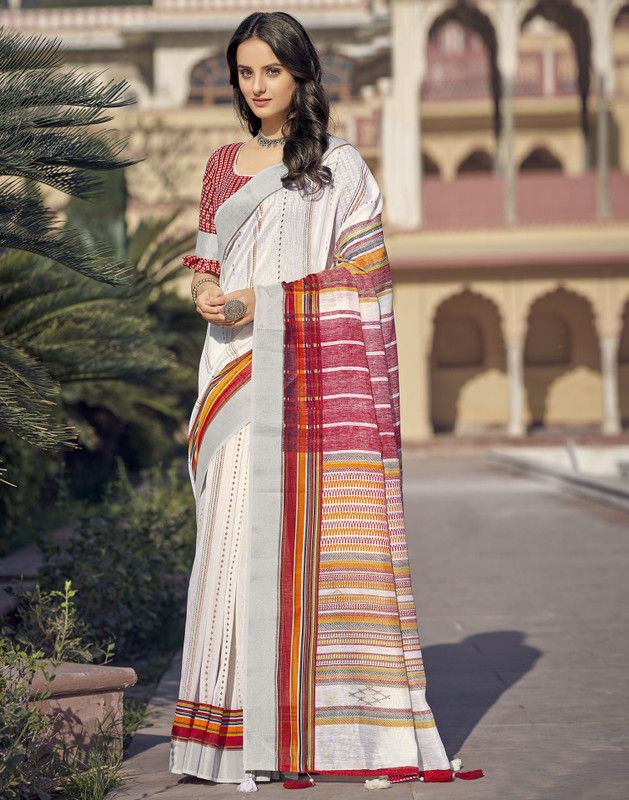 Bollywood Pure Cotton Saree  (White)