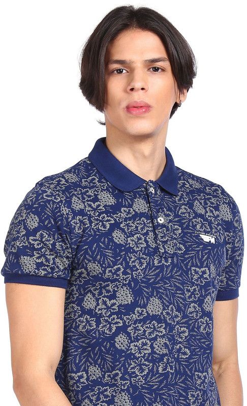 Men Graphic Print Polo Neck Cotton Blend Navy Blue T-Shirt