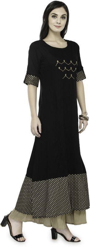 Women Polka Print Cotton Rayon A-line Kurta  (Black)